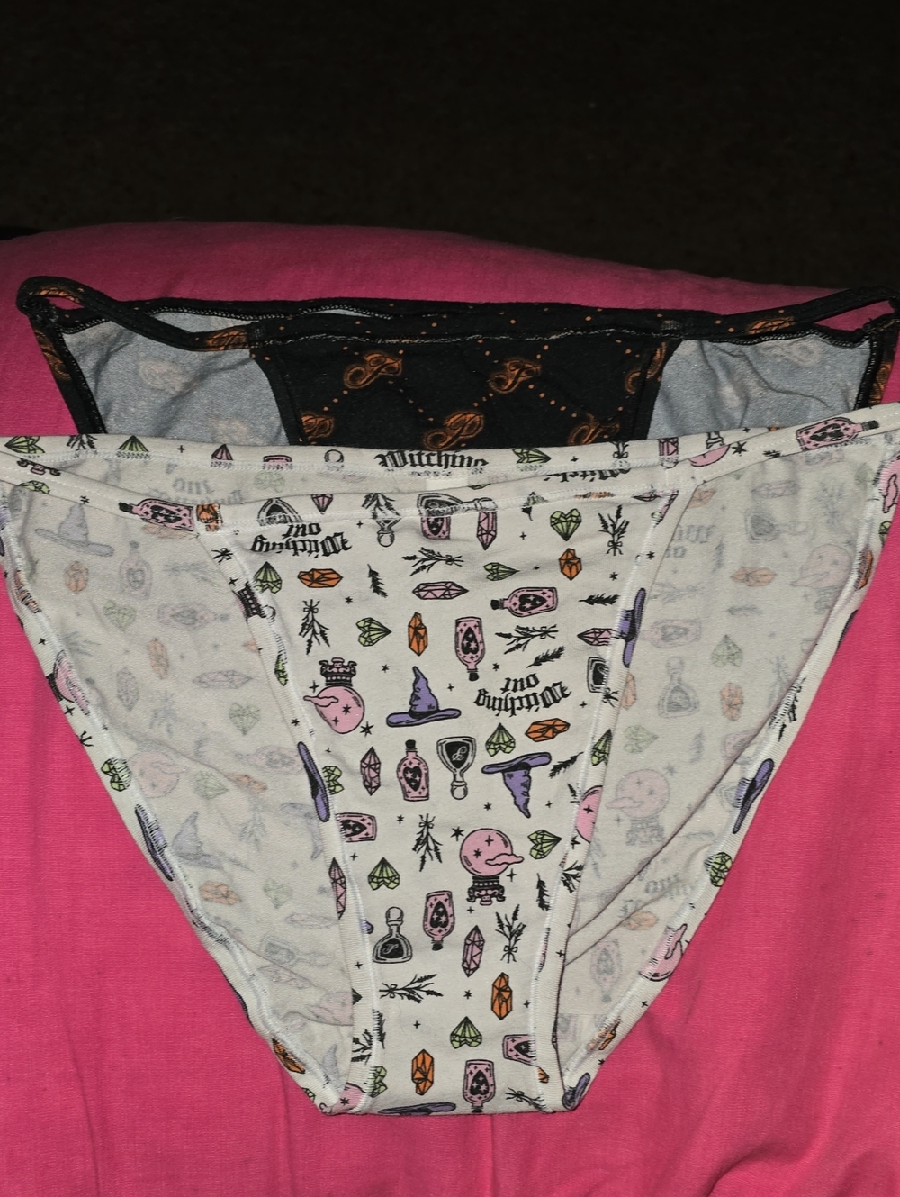 PINK Victoria's Secret White Bikini Briefs with Multi-Color Witching Icons